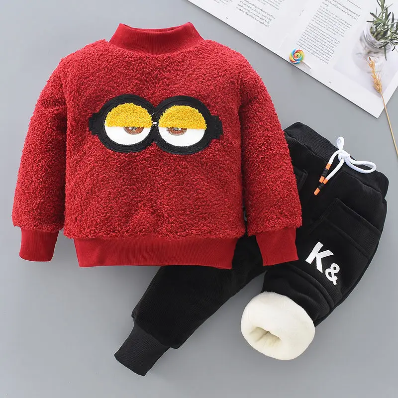 2022 Winter New Baby Plus Velvet Suit Boys Cartoon Padded Pullover Vests Girls Warm Cotton Pants 0-8Years Old Baby Two-piece Set