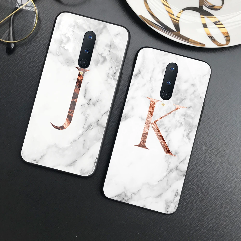 

Marble Letters Case for OnePlus 8 9 7 10 Pro 7T 8T 9Pro 9RT 9R 5 5T 6 6T Nord N20 N10 2 5G N100 Tempered Glass Cover Fundas
