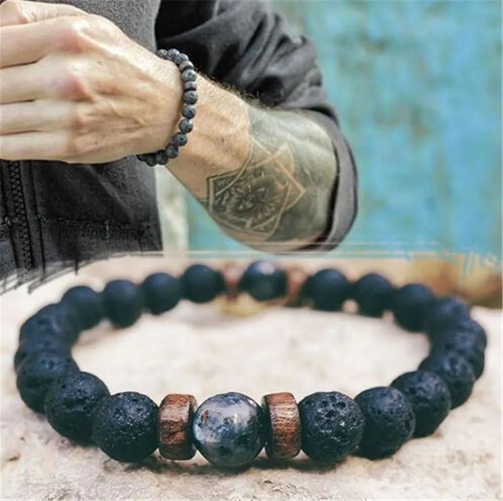 

Volcanic Stone Wooden Beads Bracelet for Men Lava Bracelet Tibetan Buddha Wrist Chain Women Men Jewelry Gift New Bracelets