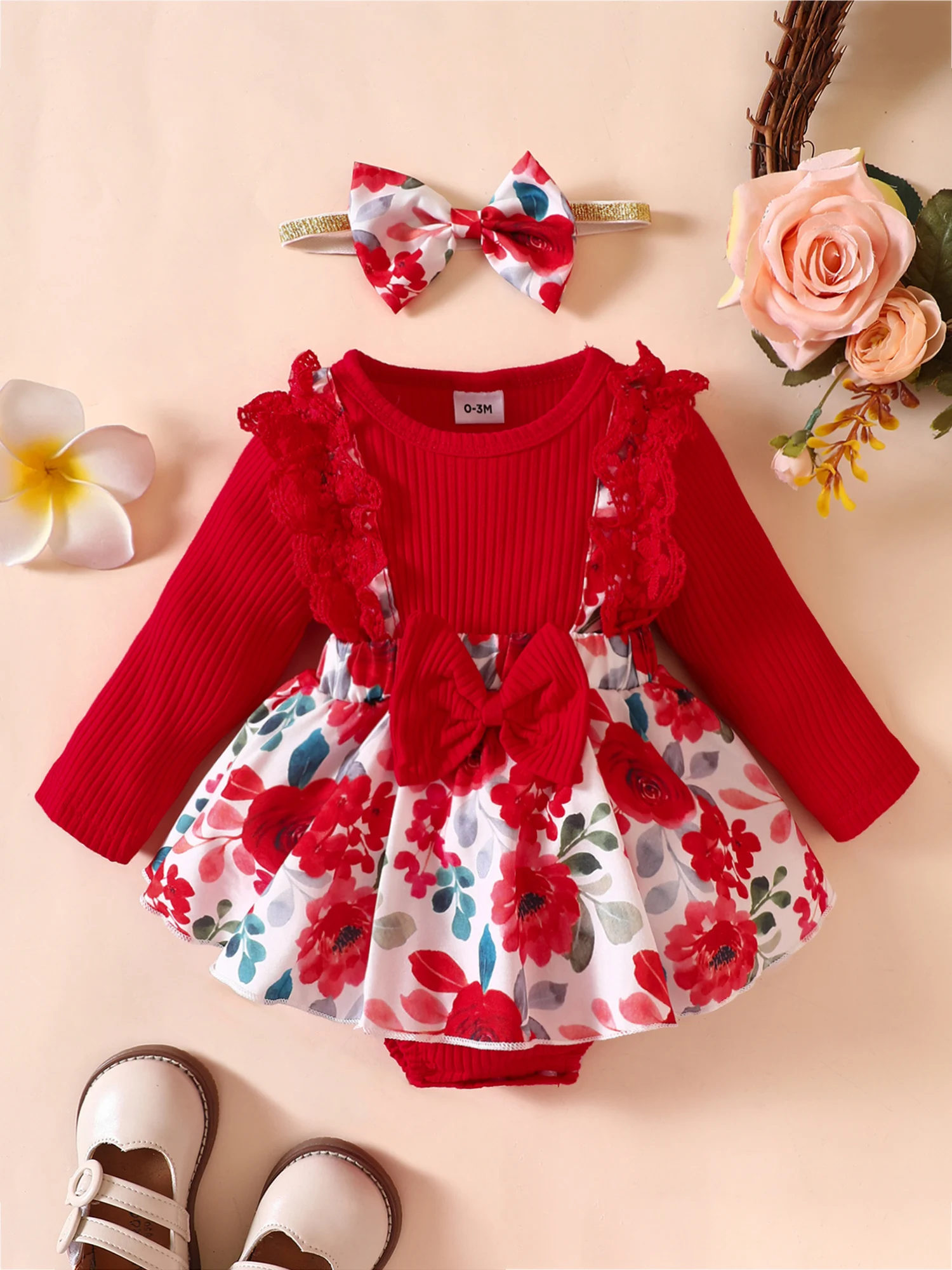 

Baby Girl Floral Print Long Sleeve Ribbed Knit Romper Dress with Lace Ruffle Skirt - Adorable Fall Bodysuit for Newborns
