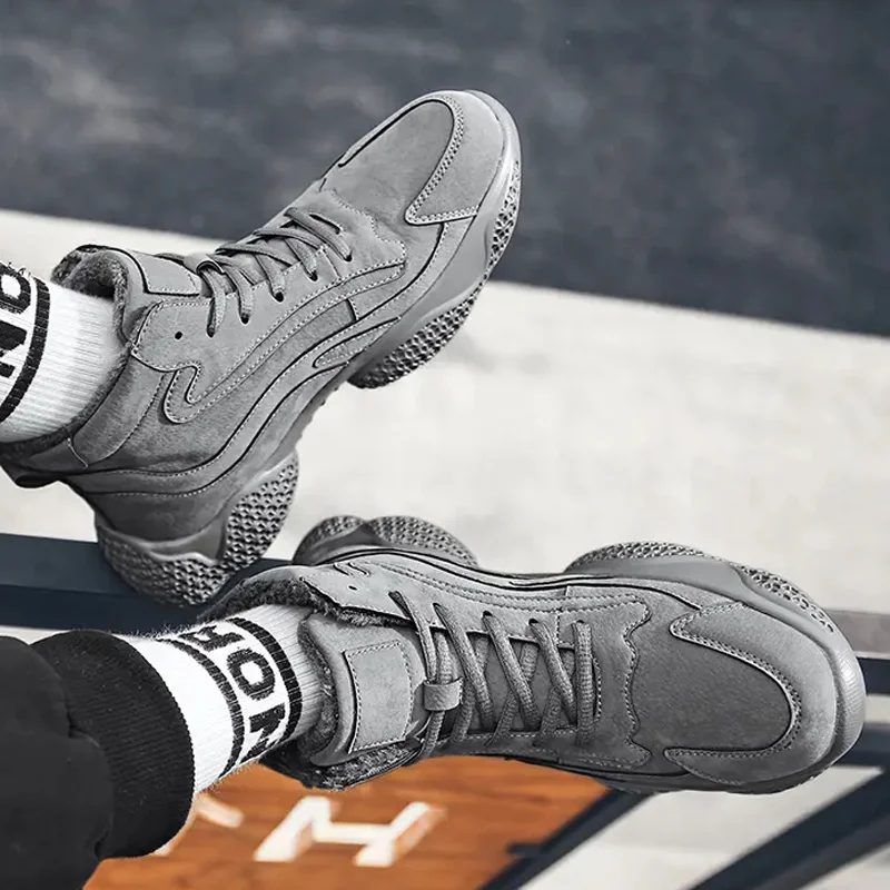 Winter Fashion Warm Men's Shoes Outdoor Casual Plus Velvet Non-slip Lace Up Sneakers Trendy Thick Sole Comfortable Walking Shoes