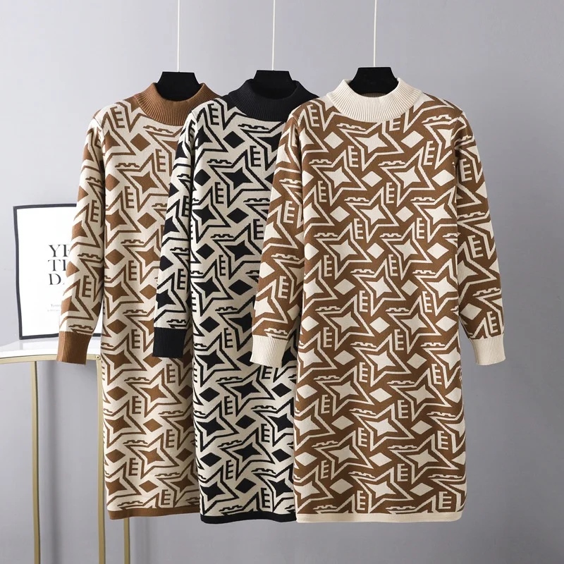 

Женское трикотажное платье, пуловер с контрастным принтом и длинным рукавом, Повседневное платье-свитер, Осень-зима 2022