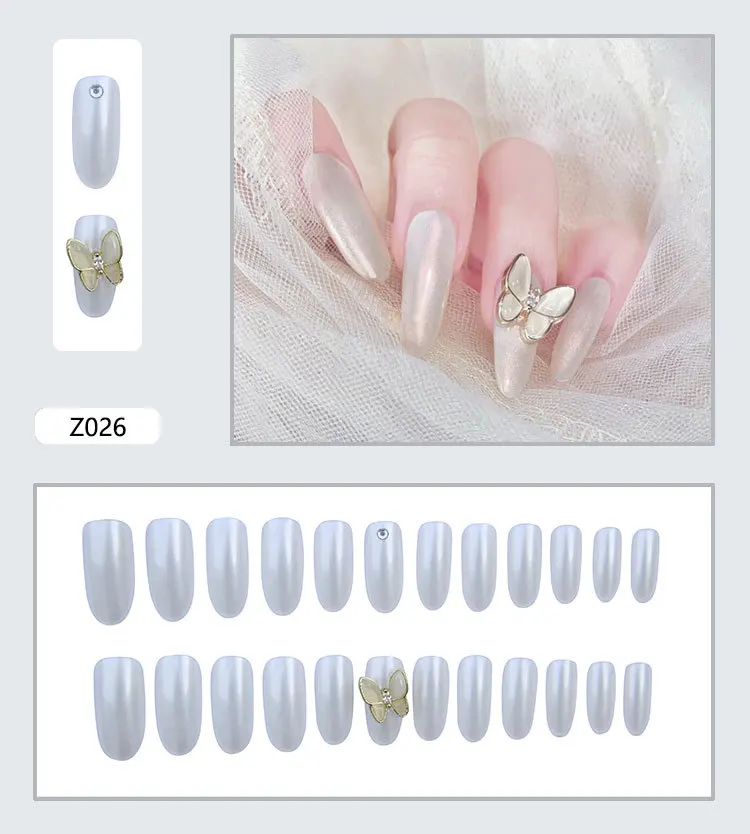 

24pcs Aesthetic Pearl White Color 3D Oval Butterfly Decor Fairy Temperament Long Style Waterproof Detachable Fake Nails