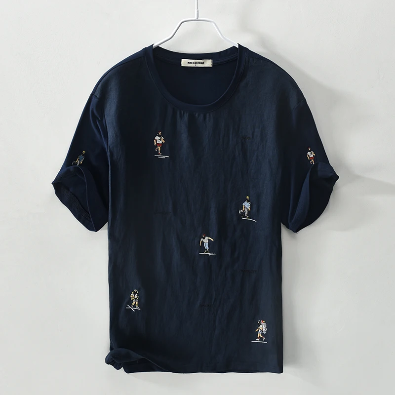 Вышитая итальянская брендовая футболка с короткими рукавами мужская серая