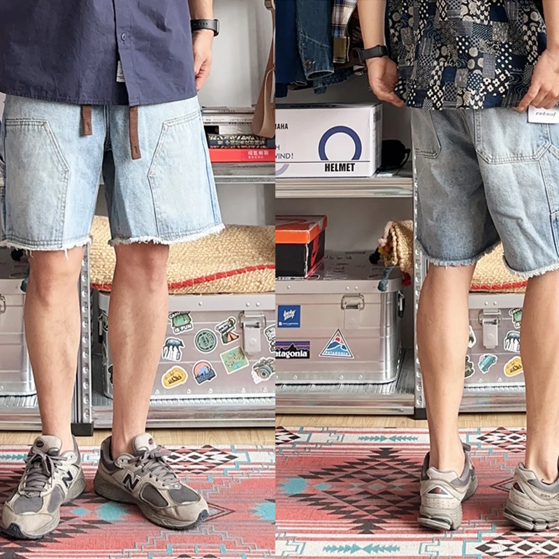 Washed Denim Elastic Waist Shorts Japanese Work Uniform Straight Tube Double Knee Logging Jeans Summer Pants Men