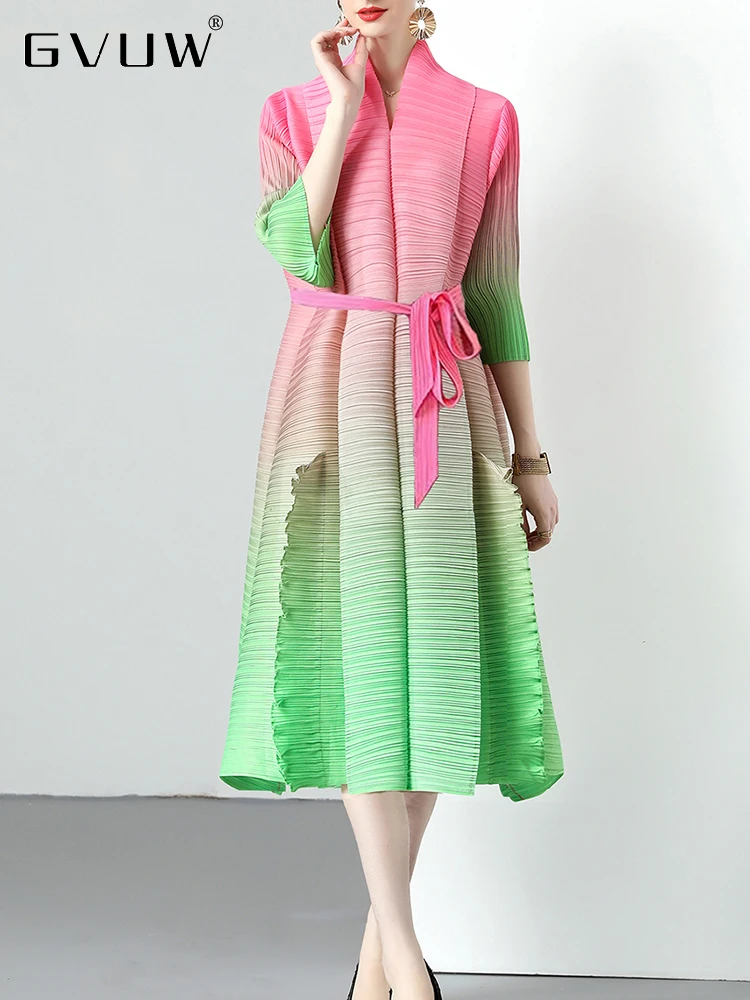 

Плиссированное Платье GVUW с градиентной окраской и оборками для женщин, платье с высоким воротником и рукавом три четверти, женские платья с поясом, Новинка осени 2023, 17G2366