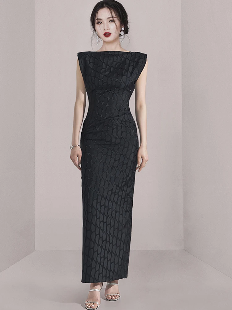 

Женское жаккардовое длинное платье, элегантное черное облегающее вечернее платье в Корейском стиле с разрезом, лето 2023