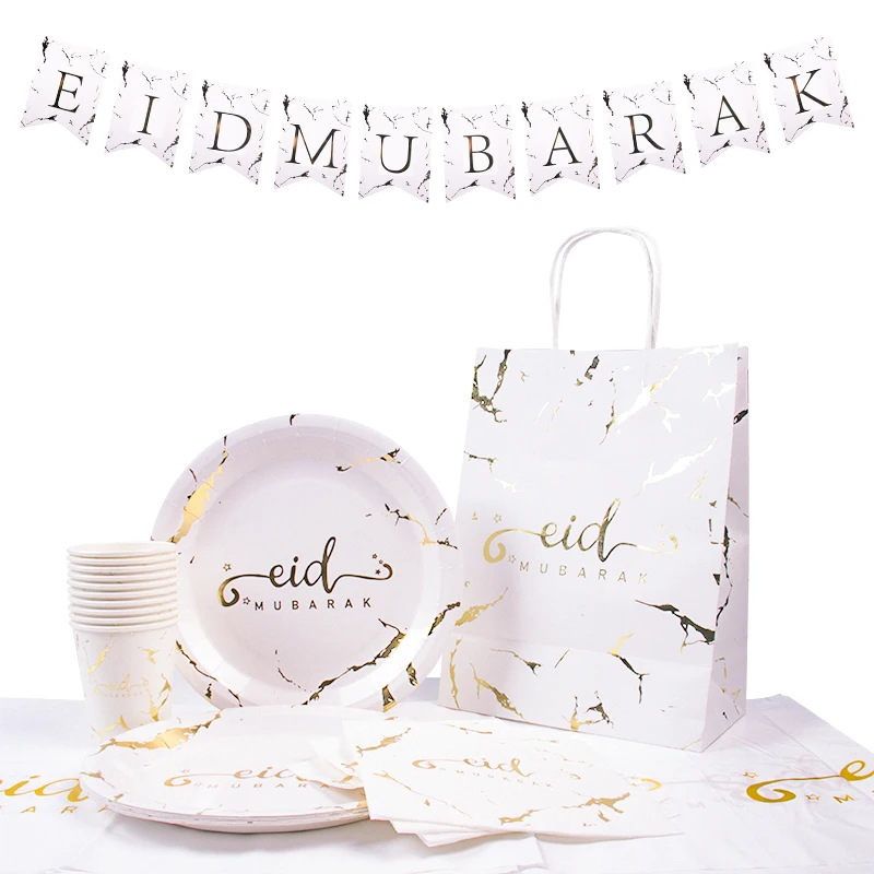 

Eid Mubarak Marble Design Disposable Tableware White And Gold Paper Plates Cups Napkins Ramadan Kareem Decoration Party Supplies