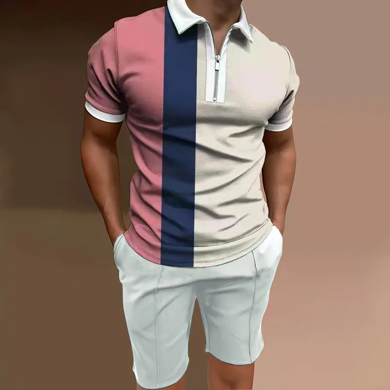 New Fashion Casual Men's POLO Shirt Suit Short Sleeve Luxury Color Match Printed Golf Suit Top and Shorts Street Clothing Men
