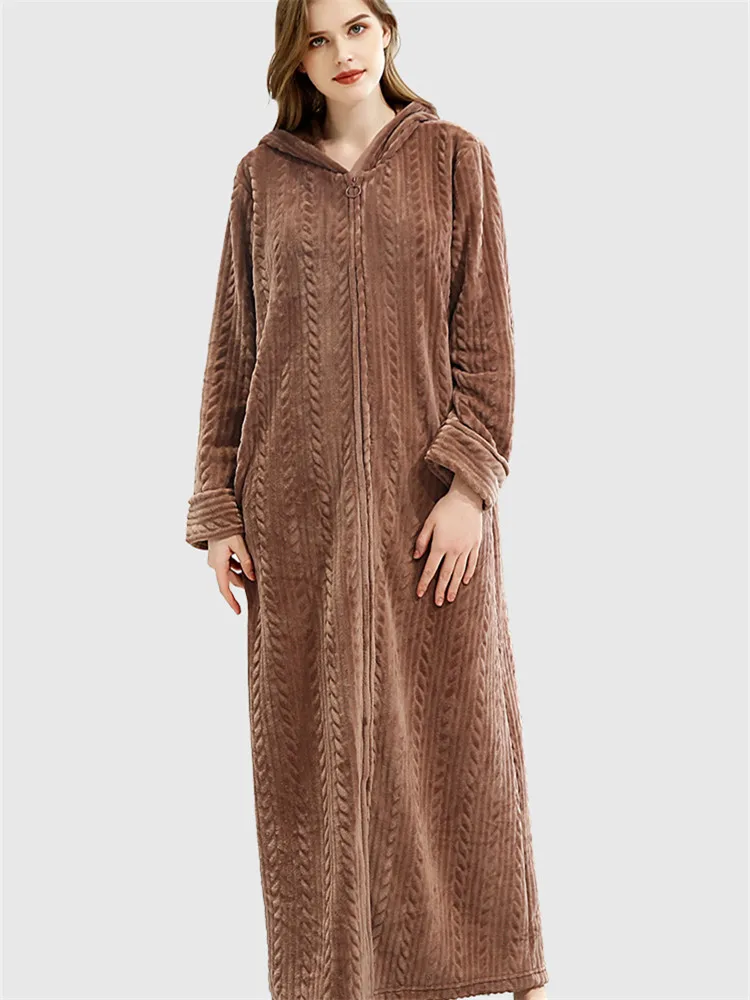 Men Winter Coral Bathrobe Warm Flannel Bath Cozy Robes Night Sleepwear Women Nightgown Zip Hooded