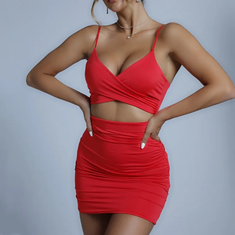 

Spring and summer new women's deep V sexy double shoulder belt backless tight wrap hip dress