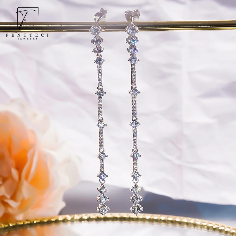 FENTTECI 925 Sterling Silver Temperament Full Of Diamonds And Tassel Long Ear Line Women's Dinner Party Earrings For Girlfriend