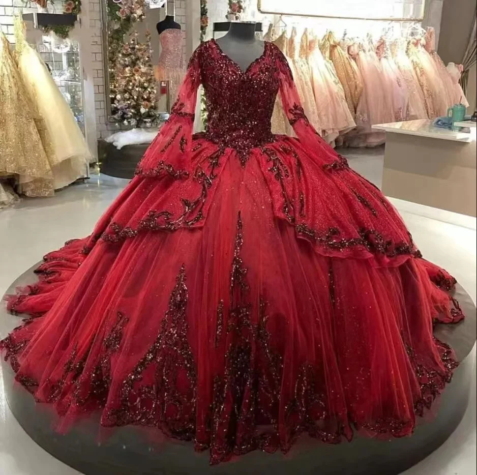 

ANGELSBRIDEP Burgundy Long Sleeve Quinceanera Dresses Formal Prom Graduation Gowns Sweet 15 16 Dress vestidos de 15 años NEW