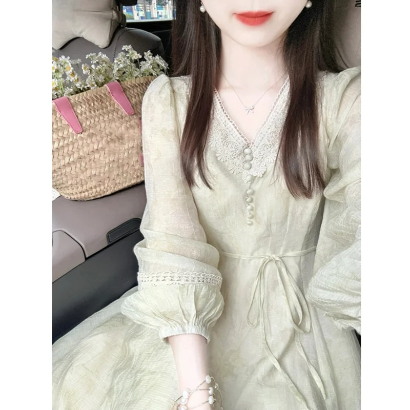 Плюс размер Нежный ветер Французское платье с v-образным вырезом и длинными