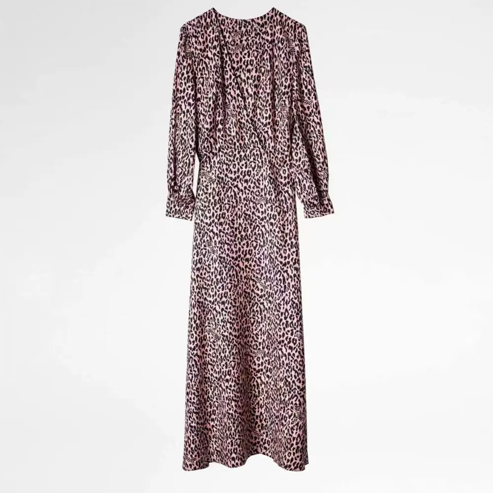 Pink leopard print women dress 2021 new v-neck long sleeve fashion lady midi dress
