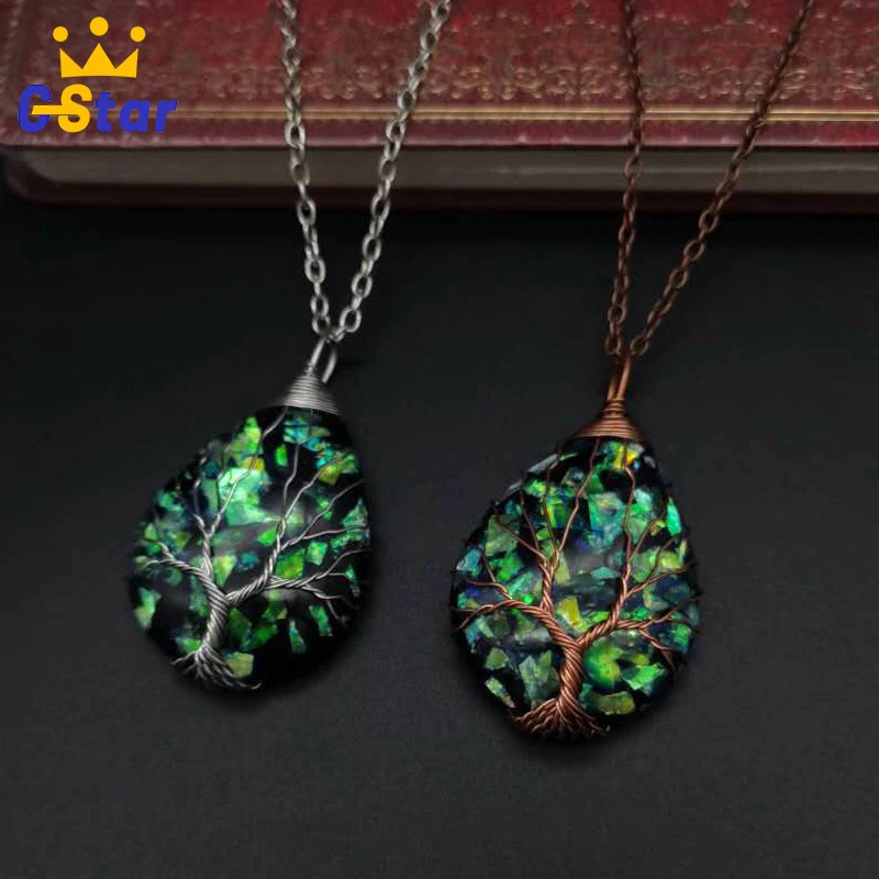 

New Tree of Life Pendant Resin Water Drop Abalone Shell Necklace Handmade Copper Wire Wrapped Jewelry Gift For Women Men