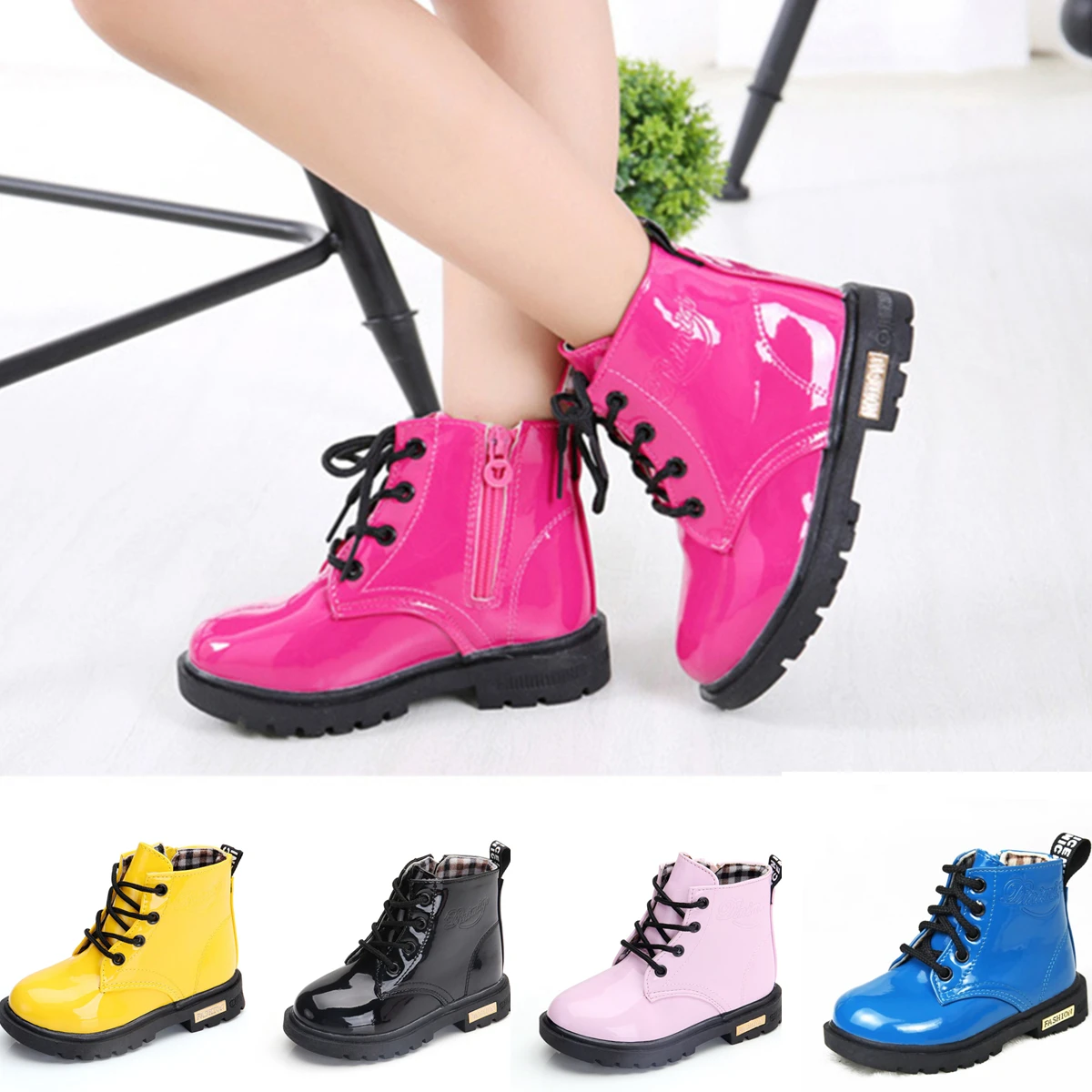 

Botines Girls Martin Ankle Boots Toddlers Snow Boot Rubber Kids Candy Color Patent Leather Autumn Winter Baby Warm Cotton Shoes