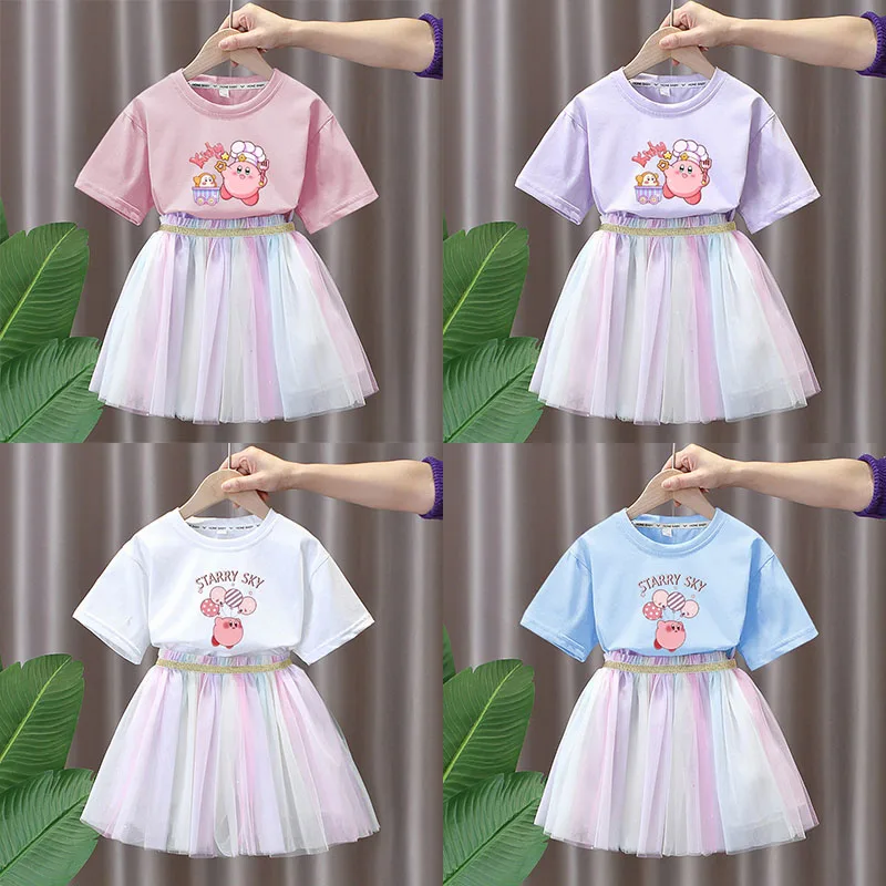 Summer Kawaii Star Kirby Children Clothing Sweet Cute Short Sleeve T-Shirt Gauze Skirt Anime Cartoon Girls Party Princess Dress