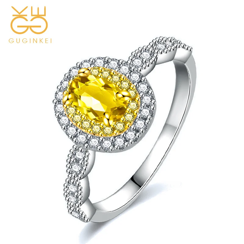 

GUGINKEI Luxury Simple Oval Yellow Zircon Rings Silver 925 Jewelry Womens Jewellery 925 Sterling Silver Ring Gift