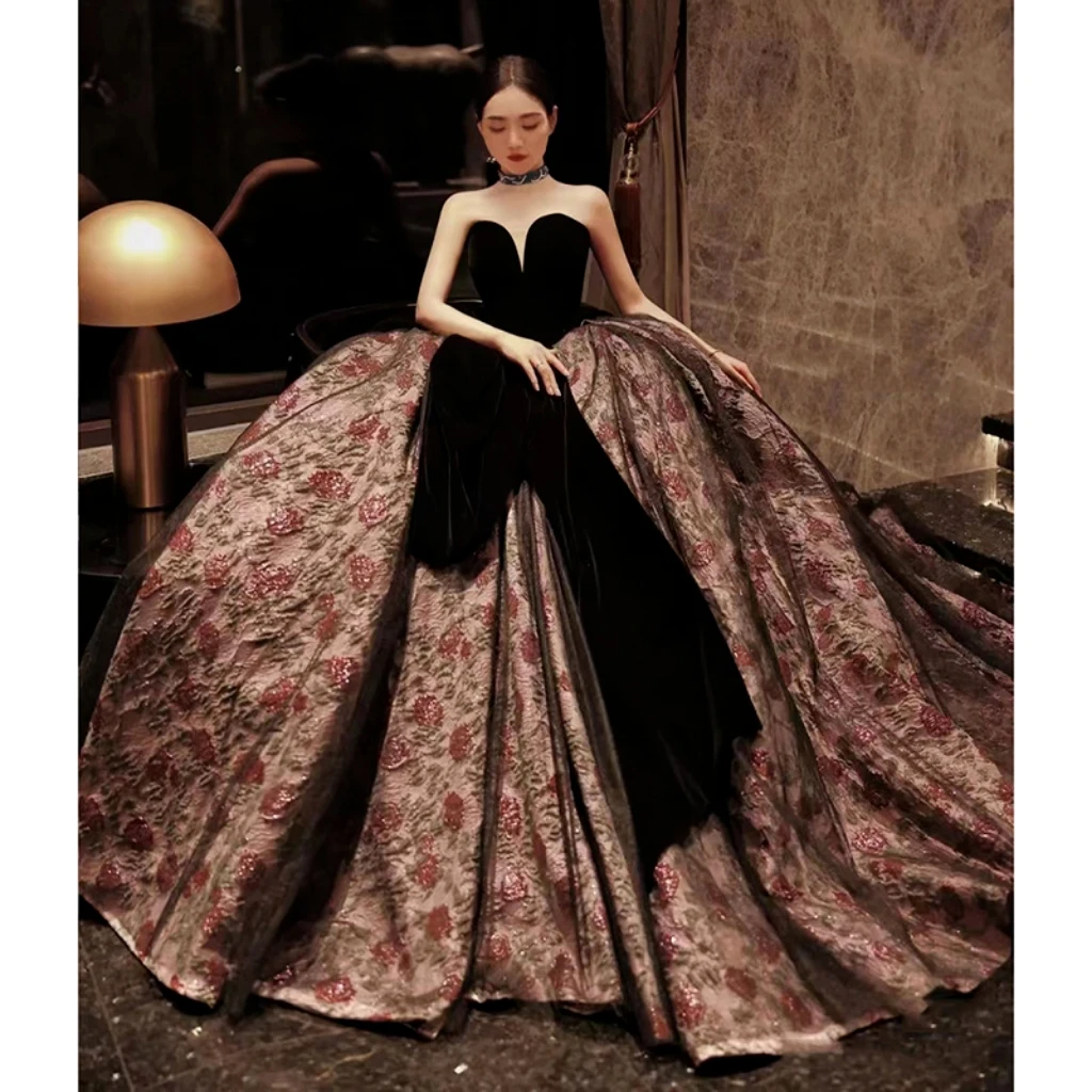

Vintage Celebrity Dresses Velvet Floral Strapless Luxury Princess Ball Printed Jacquard Woman Plus Size Evening Party Prom Gowns