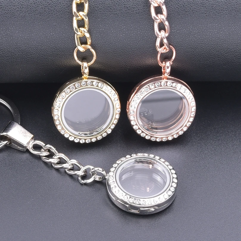 

1pcs New Round Glass Floating Relicario Keychain Rhinestone Living Memory Locket Key Chain For Jewelry Making Women Men DIY Gift
