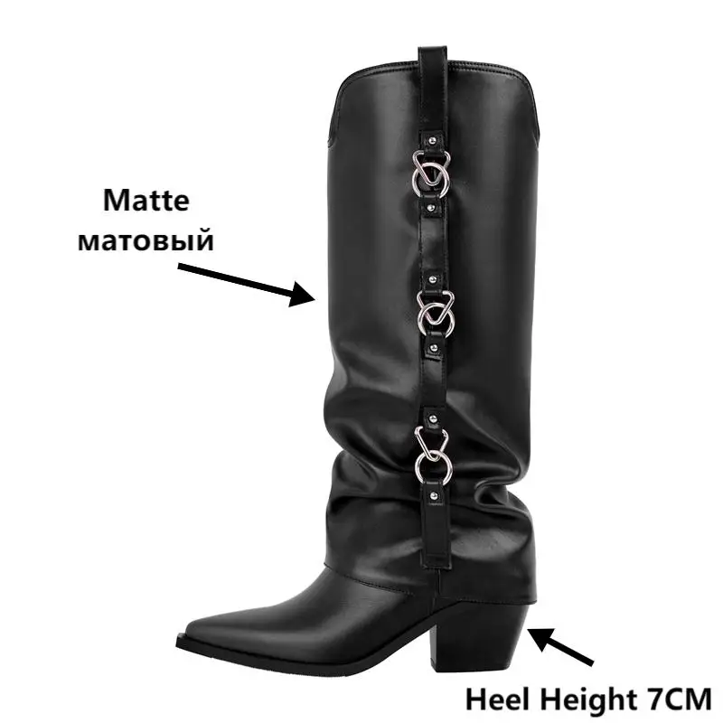 Женские черные матовые сапоги Onlymaker с острым носком складывающиеся выше колена