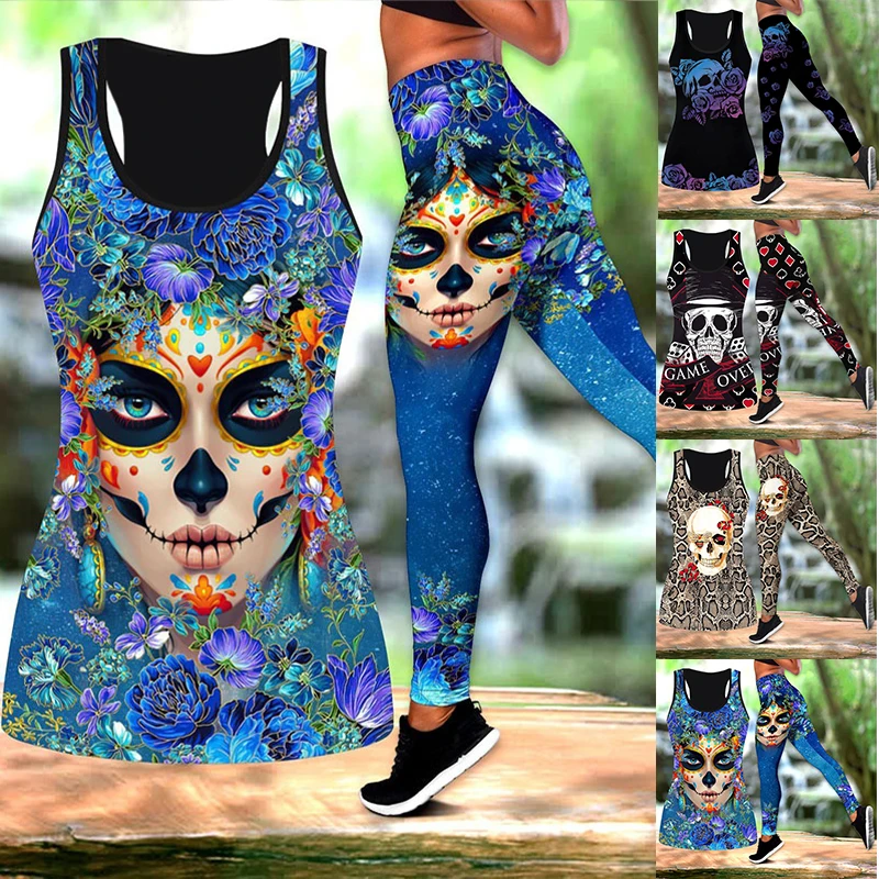 New Fashion Women's Fashion Skull and Flowers 3D Print Tank Tops Gothic Skull High Waist Leggings for Ladies Yoga Suit XS-8XL