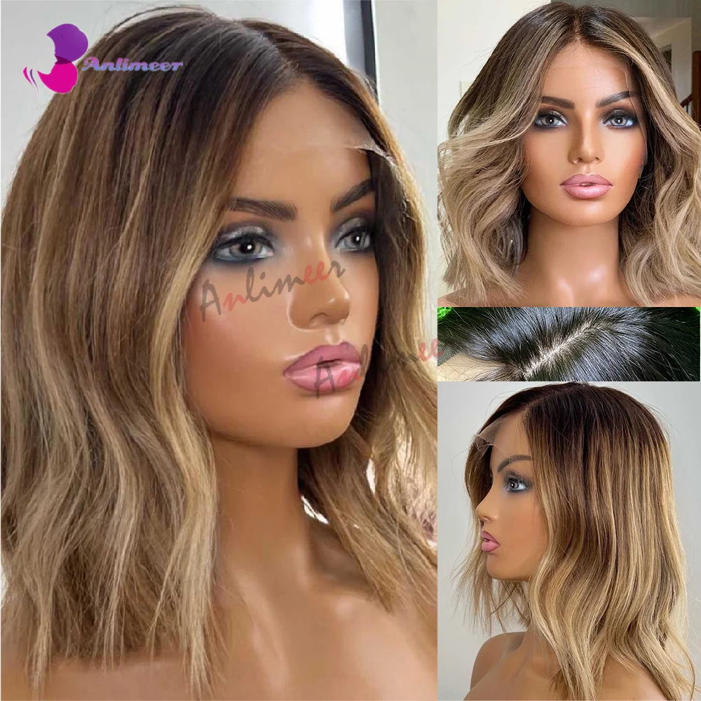 Brown Roots Honey Blonde Wig Silk Base Lace Front Wig Natural Wave Human Wigs Full Lace Wig Real Hair Wigs 5x5 Closure Wigs