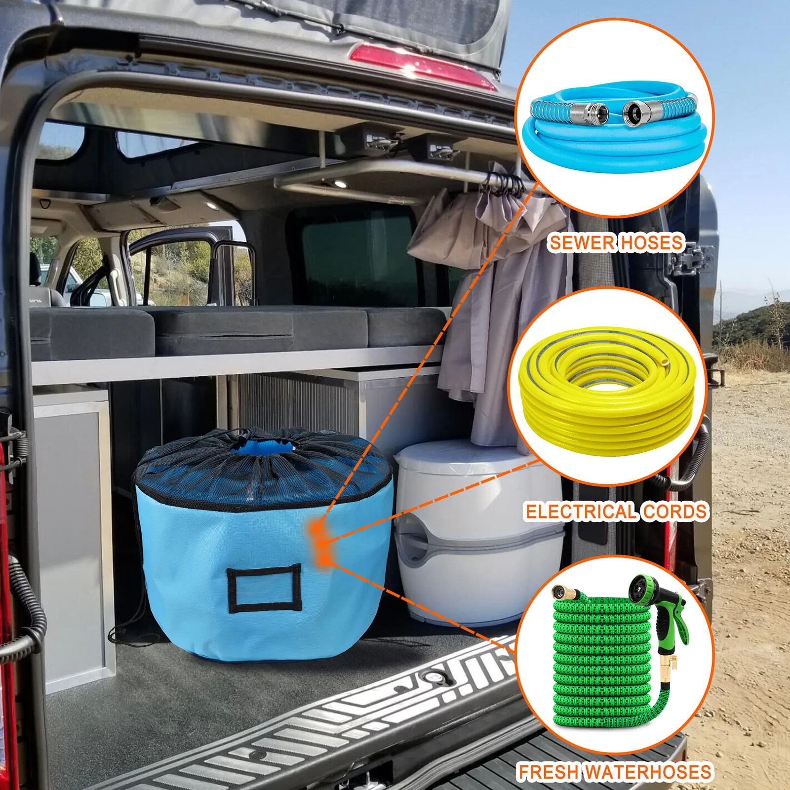 

RV Accessory Storage Bag For Sewer Hose Camper Access RV Hose Storage Bag 600d Oxford Cloth+Hexagonal Mesh 40.6*25cm