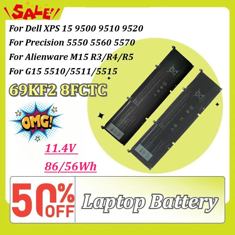 Фото Аккумулятор для ноутбуков Dell XPS 15 9500 9510 9520, Precision 5550 5560, Alienware M15 R3/R4/R5/R6/R7, 69KF2 8FCTC, 11.4V, 86/56Wh №1
