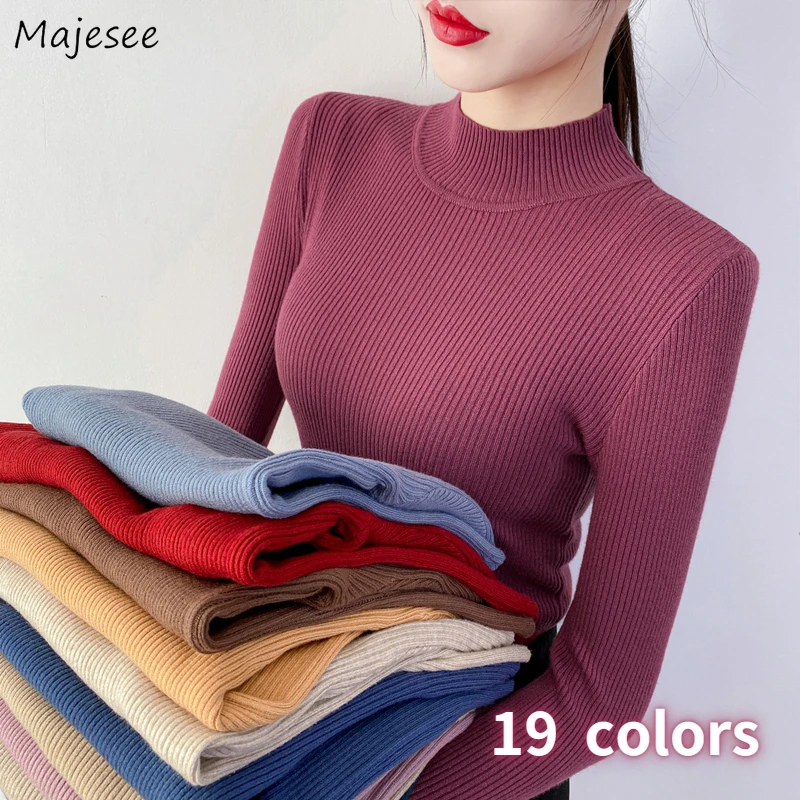 

Half High Collar Pullovers Women Autumn All-match Fashion Slim Breathable Cozy Youth Casual New Basic 19 Colors Simple Femme Ins