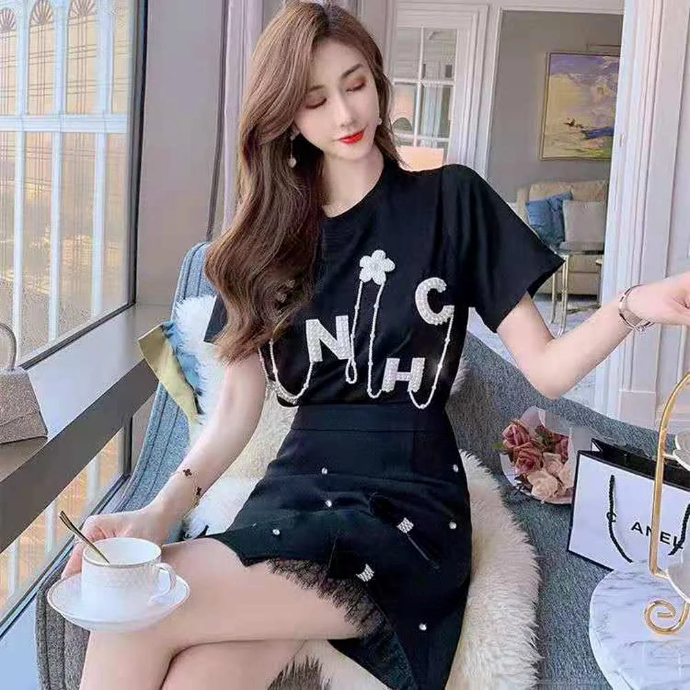 2022 New Fashion T Shirts for Women Cotton Tees Pearl Embroider Letter Summer Rhinestone Camisetas Mujer Short Sleeve T-shirts