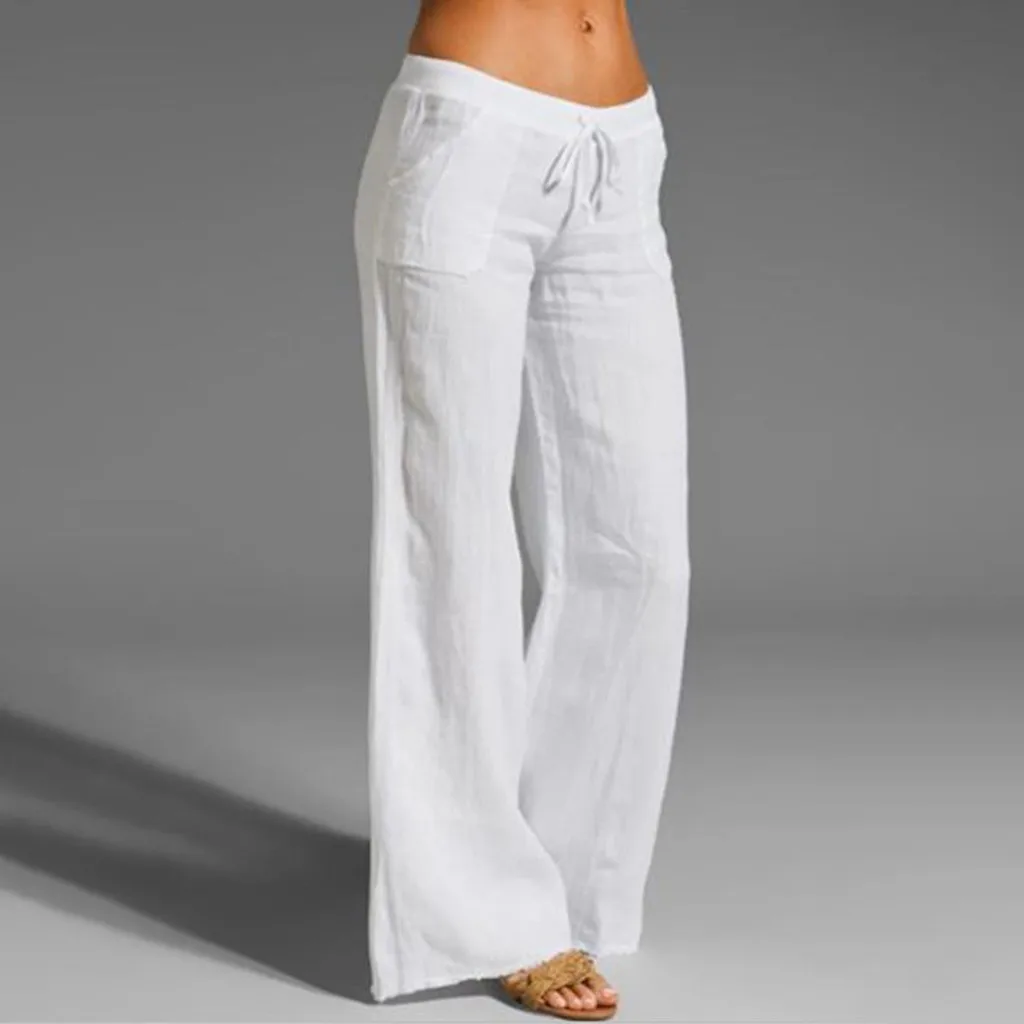 Female Loose Wide Leg Trousers Women Summer Casual Pants Fashion Solid Color Elastic Waist Cotton Linen Pants