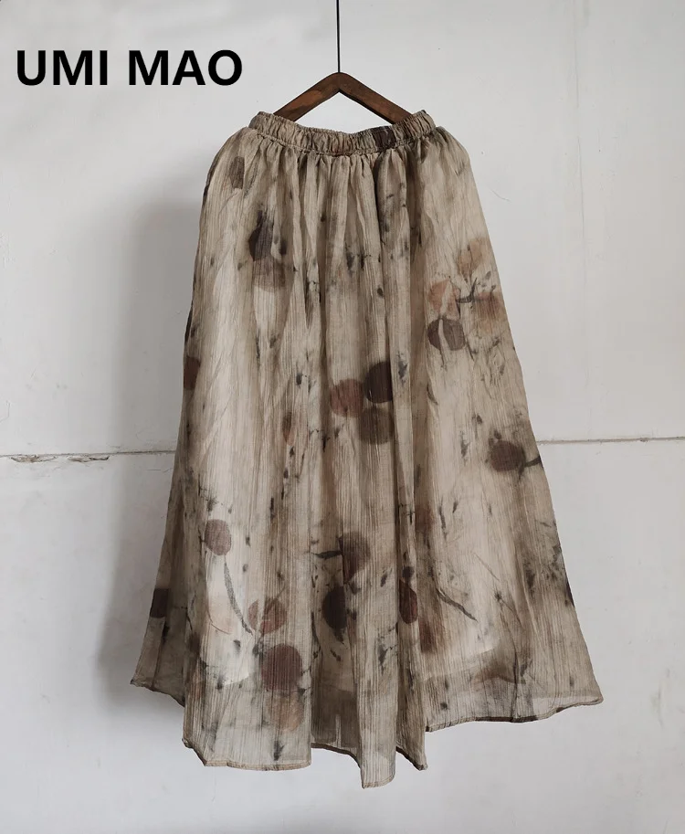 

UMI MAO Chinese Style Half Skirt Women 2023 Spring/Summer Homemade Plant Dyed Leaf Tuo Dyed Wrinkled Half Skirts Femme