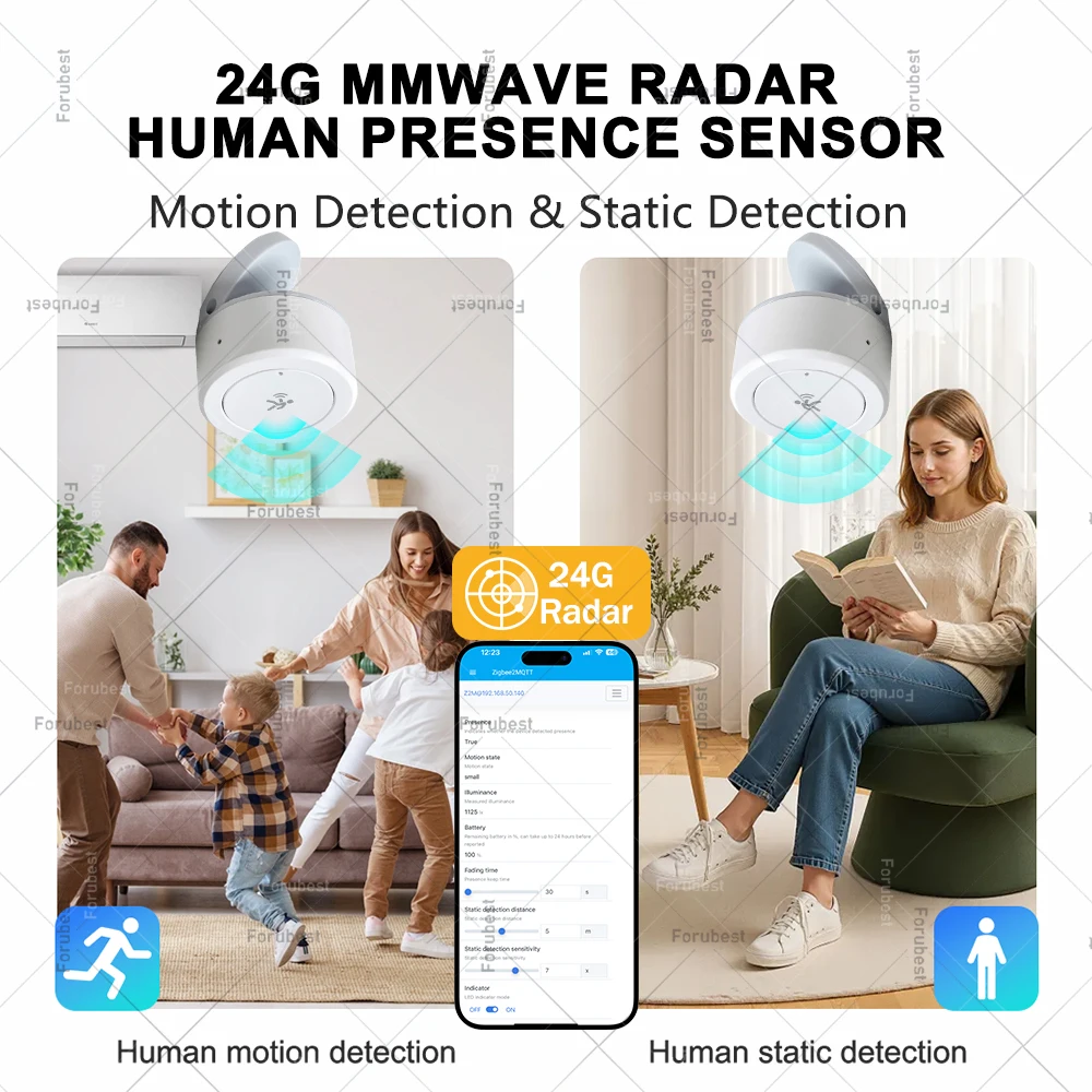 Фото Датчик присутствия человека Zigbee 24G с радаром миллиметрового диапазона частот (Mmwave) для определения движения/статического присутствия, освещенности, температуры и влажности, совместимый с Tuya/Z2MQTT Home Assistant №2