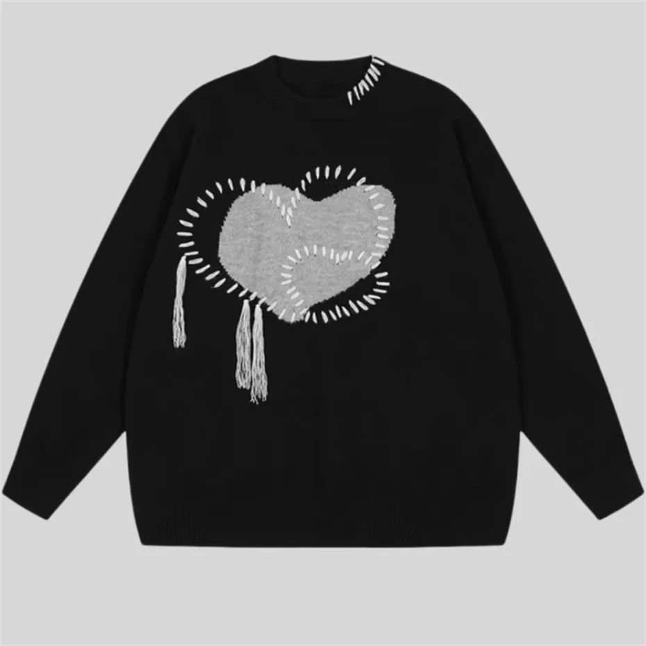 Мужской винтажный свитер с сердечками флисовый Y2K уличная одежда вязаные свитера