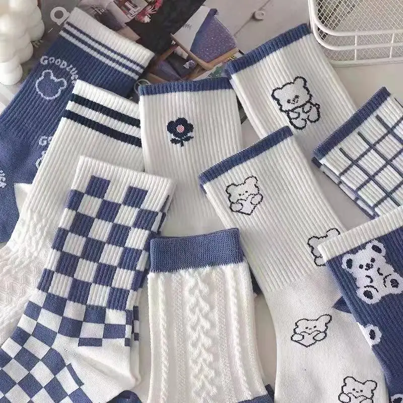 

Japan Harajuku style cartoon creative striped checkered bear socks kawaii print funny girl socks fashion skateboard woman socks