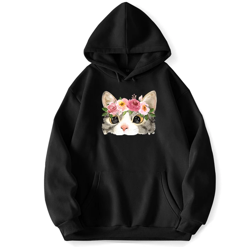 Cat Flower Kawaii Sweatshirts Hoodies Hoodie Cute Pullover Hoody Streetwear Jumper Clothing Pocket Sweatshirt Tracksuits Couple