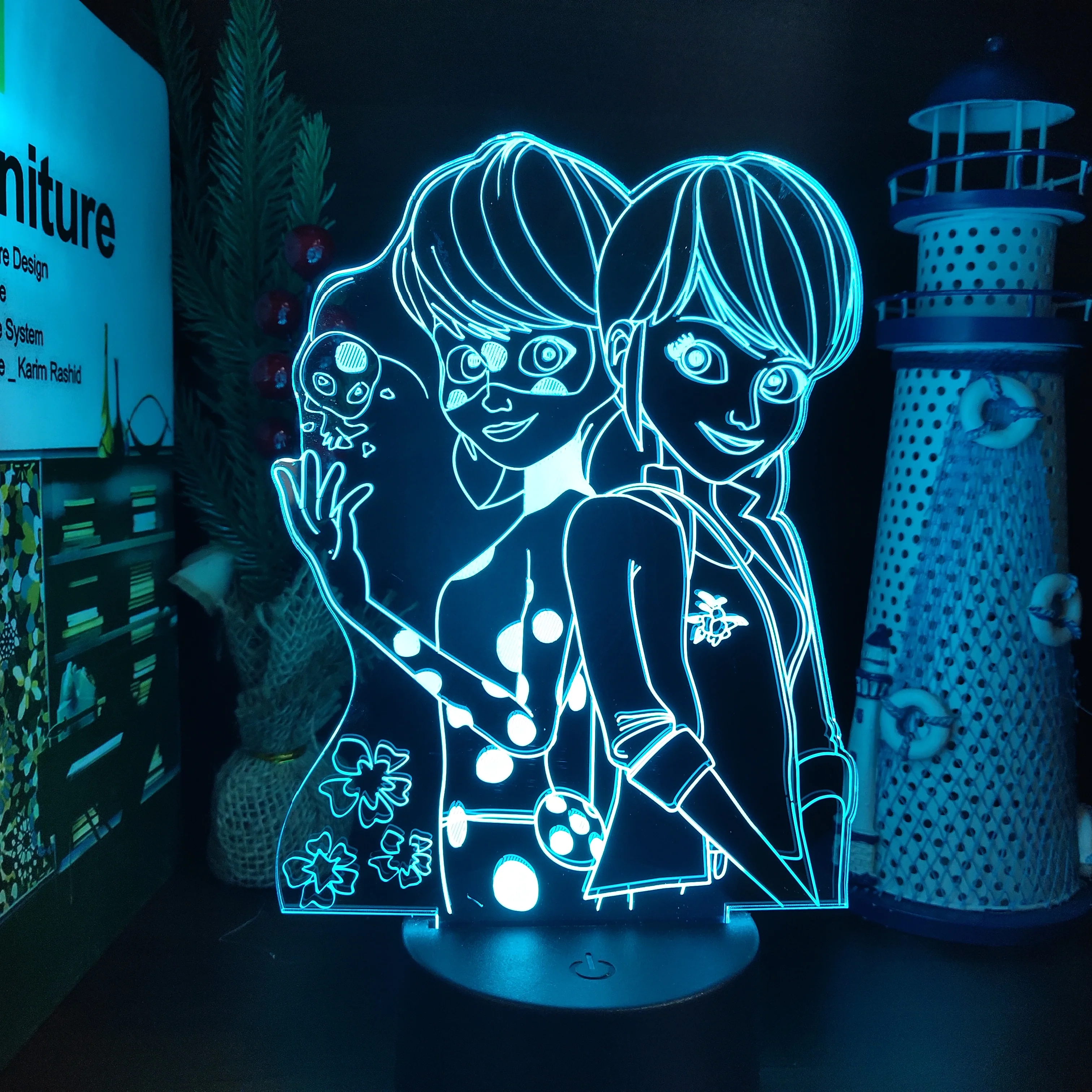 

3D светильник сказки божьей коровки и кошки черные аниме лампа фигурки кавайные светодиодсветодиодный цветные черные коты настольная свети...