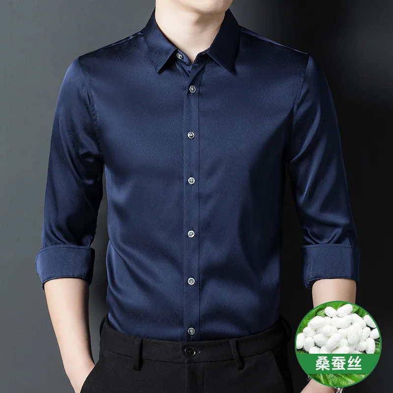

2023 Men's Silk Fashion Shirt Thin Summer Clothes Long Sleeve Men Business Shirt