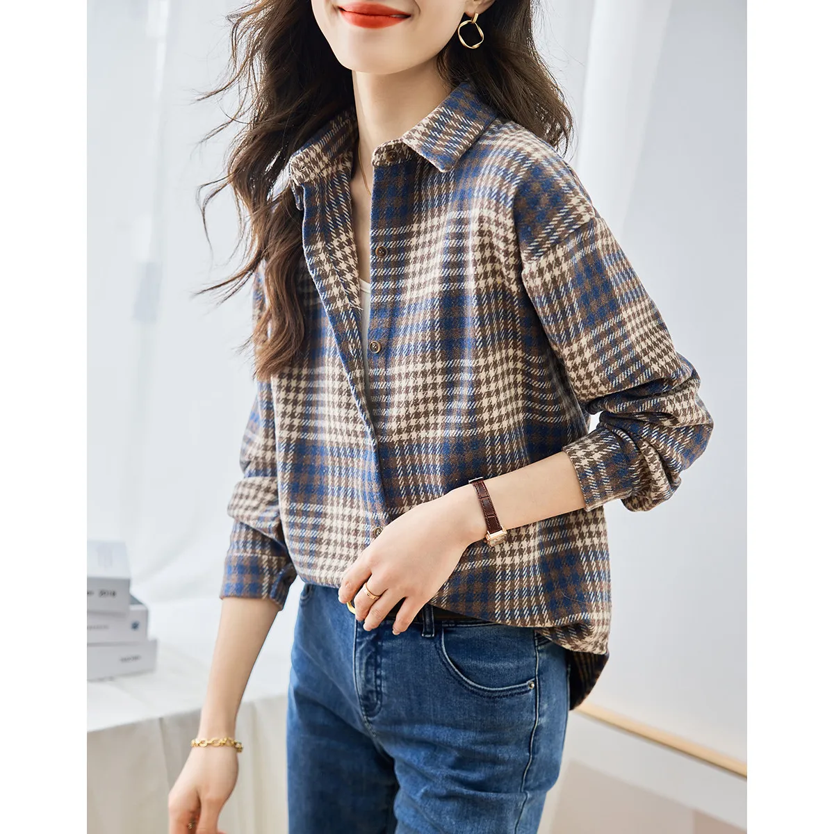 Outlets Clearance Girdear Brand Cut the Tag off Tail Goods Women clothes Retro Sanding Outerwear Contrast Color Plaid Long sl...