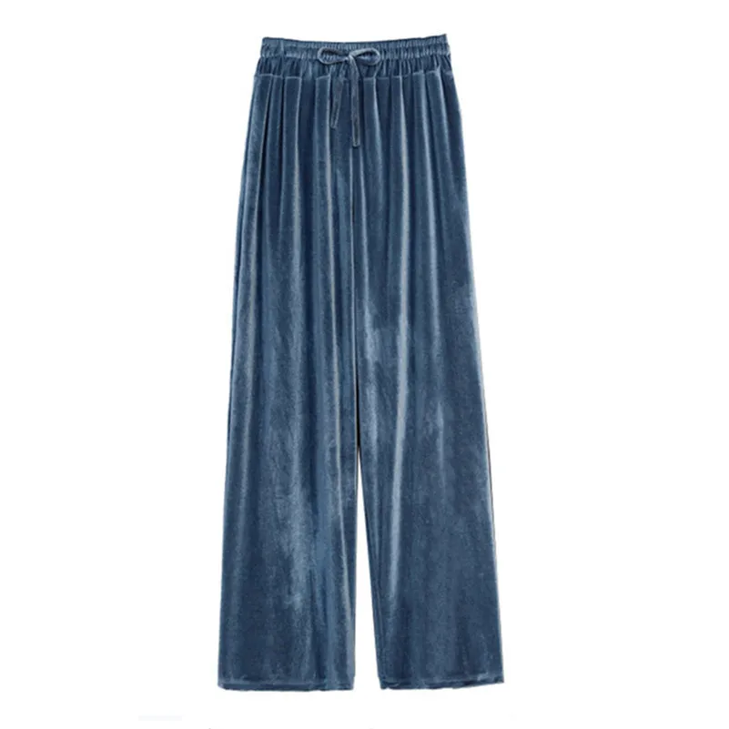 

2023 Retro Drawstring Velvet Wide Leg Pants Spring New Korean Fashion Solid Casual Straight Long Pants Vintage Female Clothes