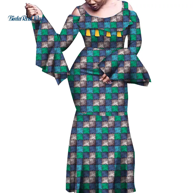 Африканские платья для женщин с принтом Платья расклешенными длинными рукавами