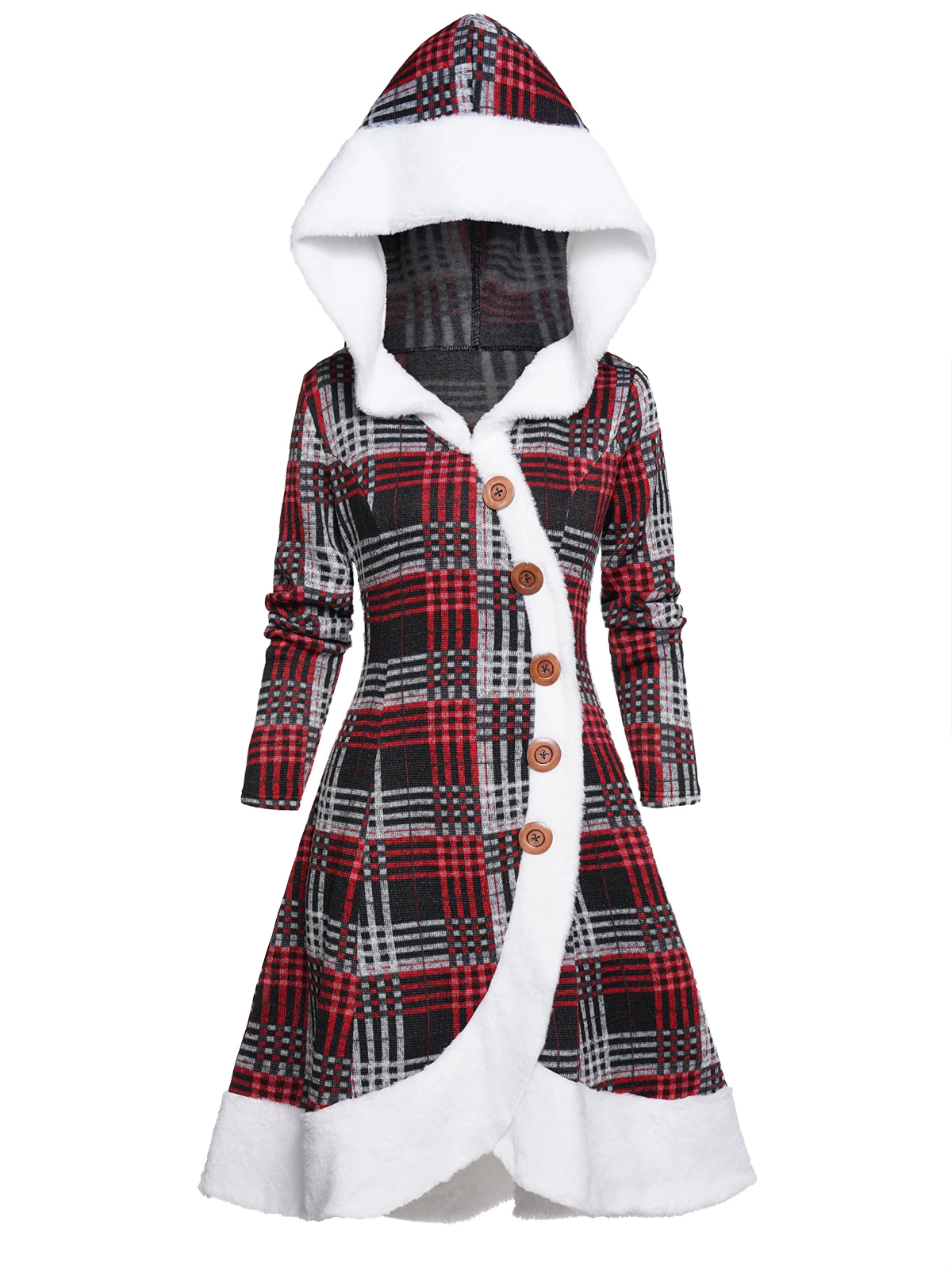 

Модное женское клетчатое платье с длинным рукавом с имитацией пуговиц из искусственного меха Ассиметричное платье с капюшоном на зиму