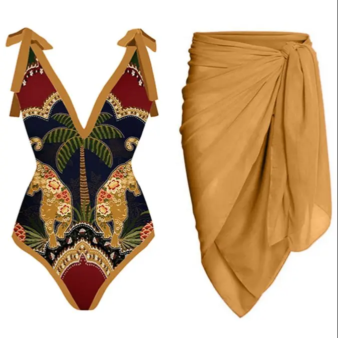 

V-Neck Vintage Animal Print One-Piece Swimsuit Set