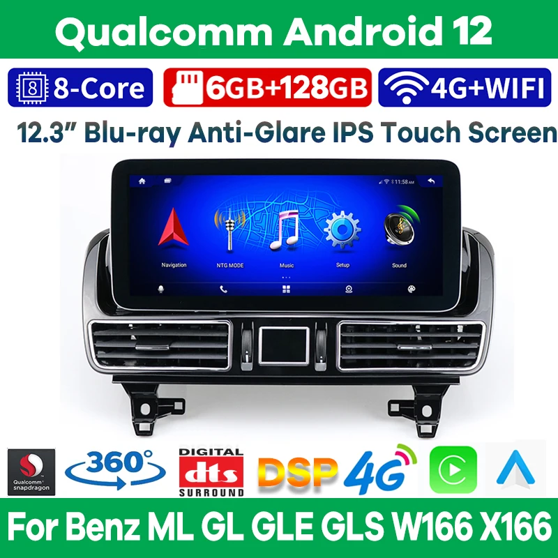 12.3" 6+128G Qualcomm Android 12 GPS Car Video Player for Mercedes Benz ML GL GLE GLS W166 2012-2020 Auto Stereo CarPlay Screen