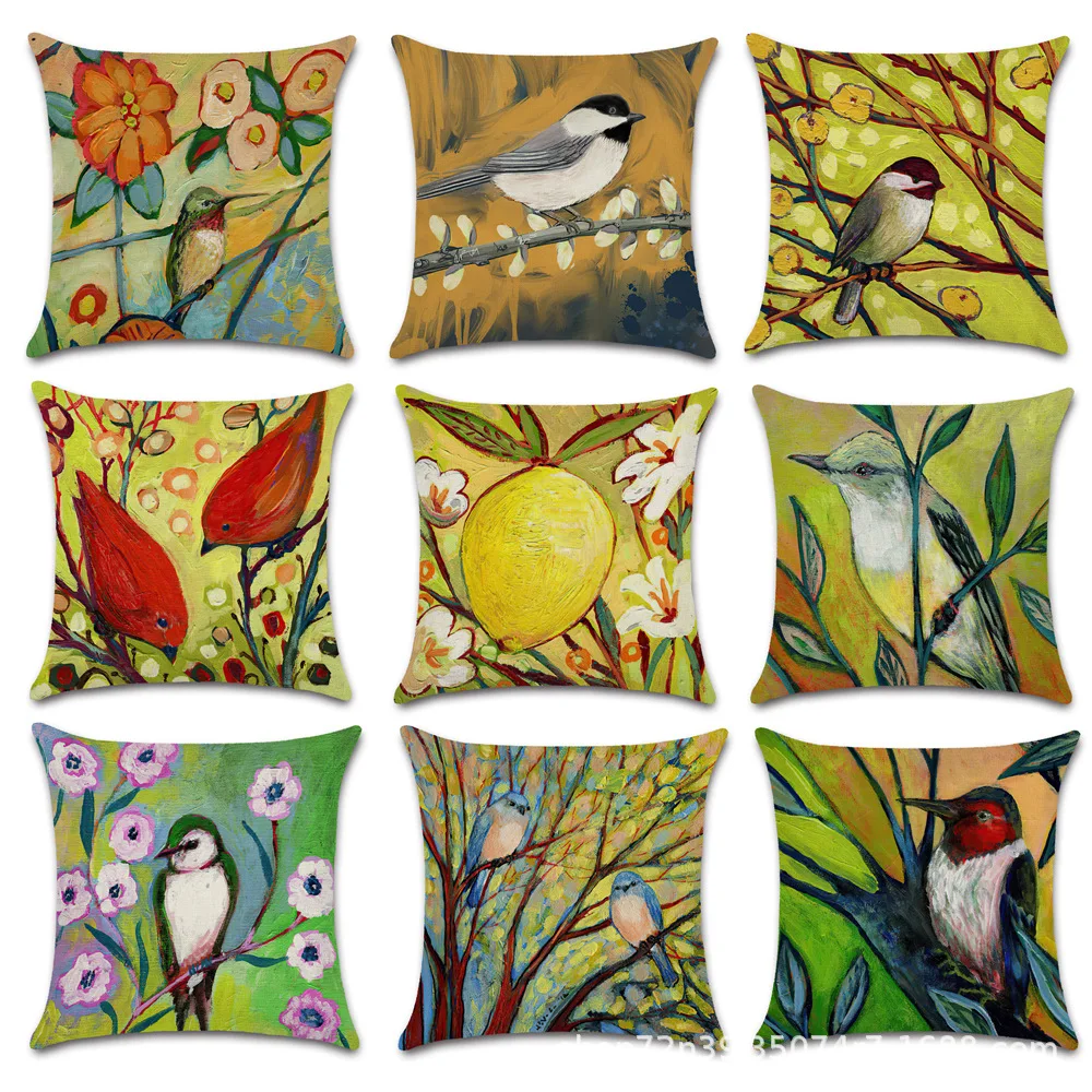 

Spring Flower Pillow Case Oil Painting Bird Linen Pillowcase 40x40 Cm Bed Sofa Garden Chair Pillow Cover Luxury Designer 45x45