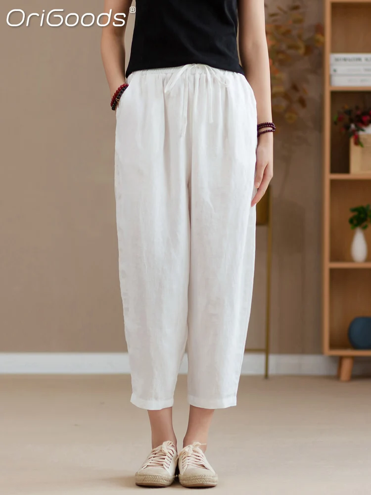 

OriGoods Linen Cotton Cropped Pants Women 2022 Summer New Capri Pants Cool Casual Cute Cropped Trousers For Women C428