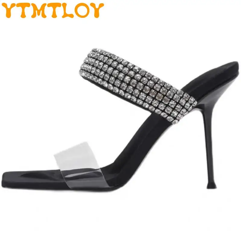 

Net Red Aw With The Same Paragraph 2022 Spring And Summer New One Word With Rhinestone Sandals Stiletto Square Toe Transparent B