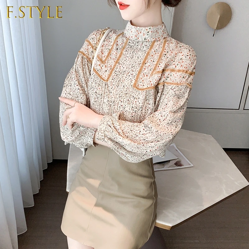 

Spring Floral Gentle Hot Sweet Retro Women Shirts Lantern Long Sleeves Patchwork 2021 New Arrivals Elegance Female Blouses